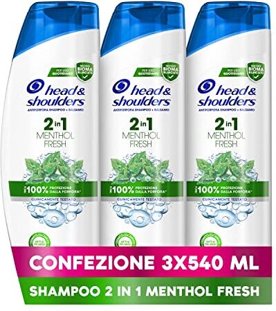 Head Antiforfora Shampoo + Balsamo 2in1 Menthol Fresh, Per Capelli Grassi, Fino Al 100% Protezione Per Cute E Capelli, 3x540ml