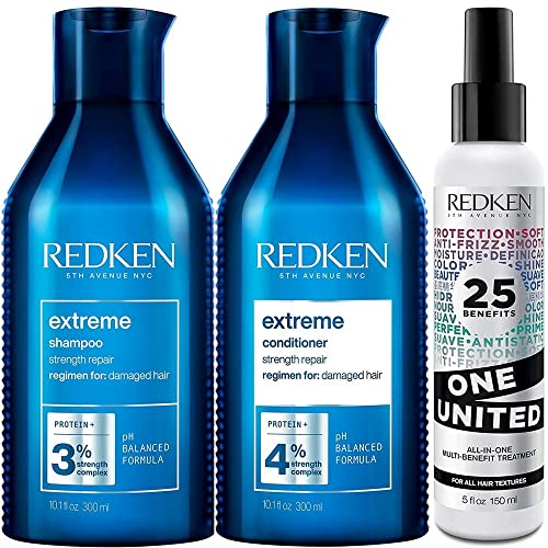 REDKEN KIT Extreme Shampoo 300 ml + Balsamo 300 ml + One United 150 ml   Routine Fortificante per Capelli Danneggiati