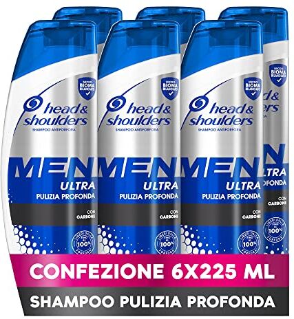 Head Men Ultra Shampoo Antiforfora Pulizia Profonda per Uomo, Formato Convenienza X6 Pacchi, per Capelli Grassi Protezione dalla Forfora, 225 Ml