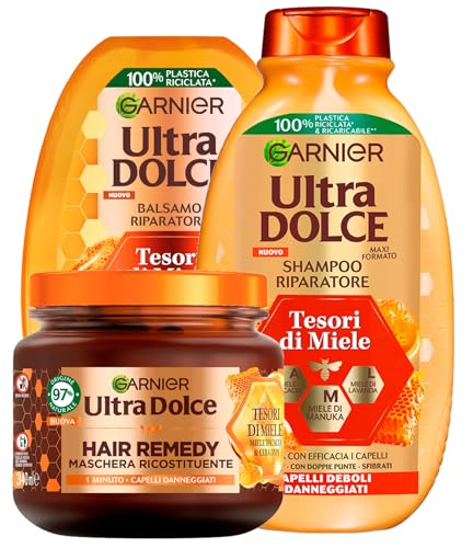 Garnier Ultra Dolce Shampoo + Balsamo + Maschera Ricostituente per Capelli Danneggiati Spezzati Sfibrati Deboli con Doppie Punte Tesori di Miele Effetto Riparatore Nutriente Protettivo 3 Prodotti