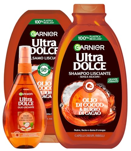 Garnier Ultra Dolce Shampoo + Balsamo + Olio Spray Lisciante per Capelli Crespi e Ribelli Olio di Cocco e Burro di Cacao Districante Anti-Crespo con Ingredienti di Origine Naturale 3 Prodotti