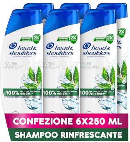 Head & Shoulders Tea Tree Rinfrescante Shampoo Antiforfora 250ml X6, per Uso Quotidiano, Fino al 100% Protezione dalla Forfora, Clinicamente Testato, per Tutti i Tipi di Cute e Capelli