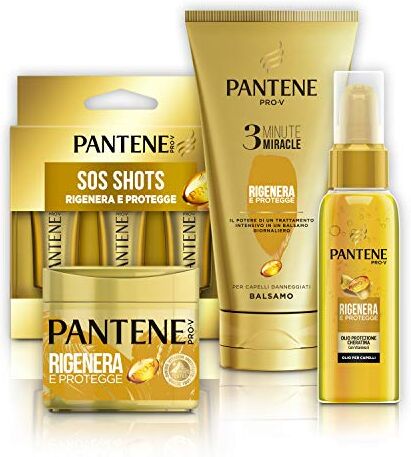 Pantene Set Oro: Balsamo 3 Minute Miracle Rigenera&Protegge (4x150ml), Maschera Protezione Cheratina Rigenera & Protegge (4x300ml), Ampolle Sos Shots (6x15 ml), Olio Rigenera & Protegge (2x100ml)