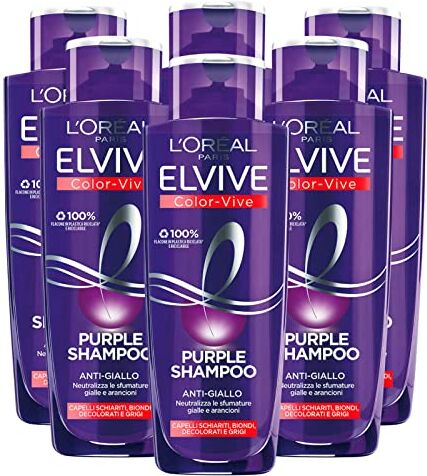 L'Oreal 6x L'Oréal Paris Elvive Color Vive Purple Shampoo Anti Giallo per Capelli Biondi Decolorati e Grigi Neutralizza Sfumature Gialle e Arancioni 6 Shampoo da 200ml ognuno