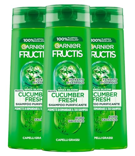 Garnier Fructis Cucumber Fresh Shampoo Purificante Capelli Grassi con Estratto di Cetriolo Acido Salicilico Capelli Puliti a Lungo Rimuove Sebo in Eccesso 3 flaconi da 250 ml