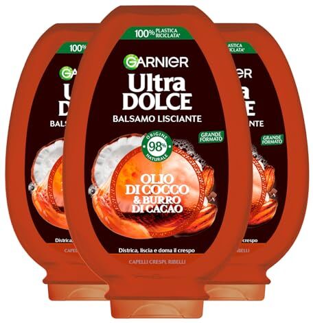 Garnier Ultra Dolce Balsamo Lisciante per Capelli Crespi e Ribelli Olio di Cocco e Burro di Cacao Districante Anti-Crespo con Ingredienti 98% di Origine Naturale 3 Flaconi da 360ml