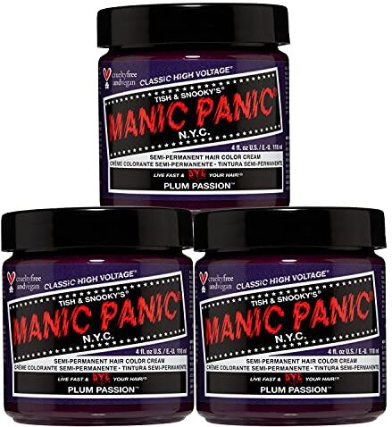 MANIC PANIC Plum Passion Classic Creme, Vegan, Cruelty Free, Purple Semi Permanent Hair Dye 3 x 118ml