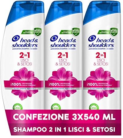 Head Antiforfora Shampoo + Balsamo 2in1 Lisci & Setosi, Per Capelli Secchi, Fino Al 100% Protezione Dalla Forfora Per Cute E Capelli, 3x 540ml