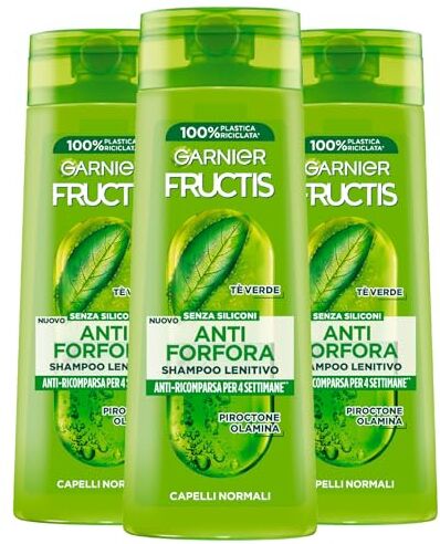 Garnier Fructis Anti-Forfora Shampoo Lenitivo per Capelli Normali Formula Vegana con Tè Verde Senza Siliconi Elimina e Previene la Forfora 3 Flaconi da 250ml