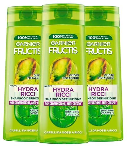 Garnier Fructis Hydra Ricci Shampoo Definizione Capelli da Mossi a Ricci con Olio di Pistacchio Azione Anti Crespo 96H Illumina e Ammorbidisce 3 flaconi da 250 ml