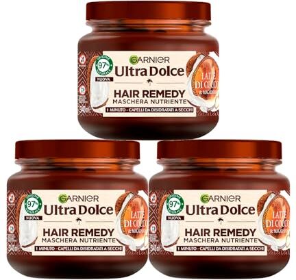 Garnier Ultra Dolce Maschera Nutriente per Capelli da Disidratati a Secchi Hair Remedy Latte di Cocco e Macadamia Formula Vegan con Ingredienti 97% di Origine Naturale 3 Barattoli da 340ml