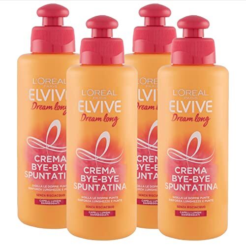 L'Oreal L'Oréal Paris Elvive Dream Long Crema Bye-Bye Spuntatina Contro Doppie Punte Formula Senza Risciacquo ad Azione Sigillante Rinforzante Illuminante per Capelli Lunghi e Danneggiati 4 Flaconi da 200ml