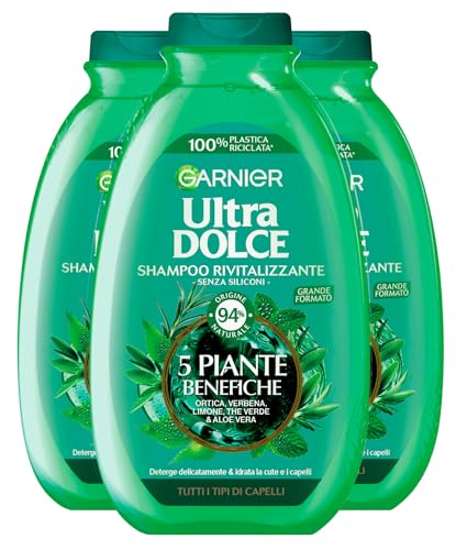 Garnier Ultra Dolce Shampoo Rivitalizzante per Tutti i Tipi di Capelli con 5 Piante Benefiche Ortica Verbena Limone Tè Verde Aloe Vera Detergente Idratante 94% di Origine Naturale 3 Flaconi da 400ml