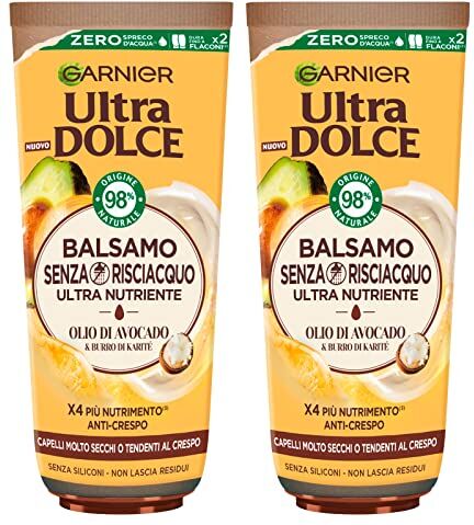 Garnier Ultra Dolce Balsamo Nutriente per Capelli Molto Secchi o Crespi Formula Senza Risciacquo con Ingredienti 98% di Origine Naturale Olio di Avocado e Burro di Karité 2 Flaconi da 200ml