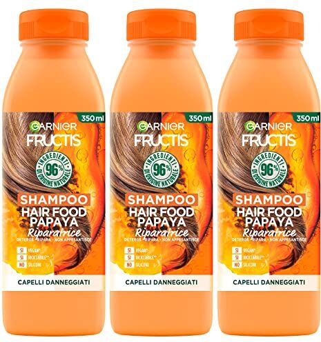 Garnier Fructis Shampoo Hair Food Papaya Azione Riparatrice per Capelli Danneggiati Formula Detergente e Vegana che Non Appesantisce con Ingredienti 96% di Origine Naturale 3 Flaconi da 350ml