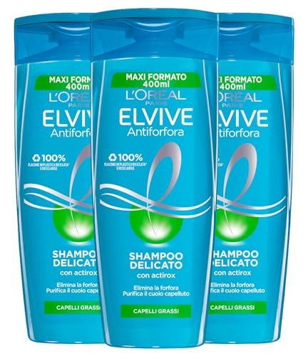 L'Oreal L'Oréal Paris Elvive Antiforfora Shampoo Delicato Purificante con Actirox ed Equaderm per Capelli Grassi Per Capigliatura Idratata e Fresca 3 Flaconi da 400ml