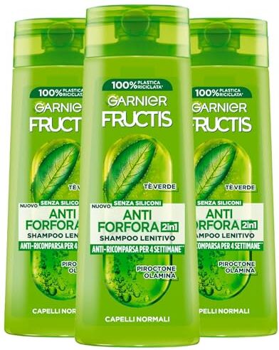 Garnier Fructis Anti-Forfora 2in1 Shampoo Lenitivo per Capelli Normali Formula Vegana con Tè Verde Senza Siliconi Previene ed Elimina la Forfora 3 flaconi da 250ml