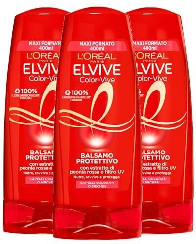 L'Oreal L'Oréal Paris Elvive Color-Vive Balsamo Protettivo per Capelli Colorati o con Meches Formula Nutriente Ravvivante Illuminante con Estratto di Peonia Rossa e Filtro UV 3 Flaconi da 400ml