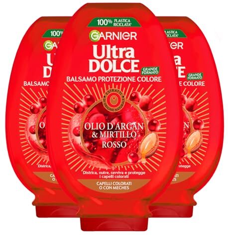 Garnier Ultra Dolce Balsamo Protezione Colore per Capelli Colorati o con Meches Olio d'Argan e Mirtillo Rosso Districante Nutriente Ravvivante con Estratti di Origine Naturale 3 Flaconi da 360ml