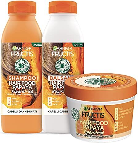 Garnier Fructis Hair Food Papaya Riparatrice, Kit con Shampoo, Balsamo e Maschera per Capelli Danneggiati, Fino al 98% di Ingredienti di Origine Naturale, Senza Siliconi