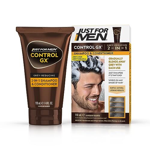 Just for men Control GX, shampoo e balsamo 2 in 1, riduce gradualmente e permanentemente i capelli grigi ad ogni lavaggio, tutte le tonalità, 118 ml