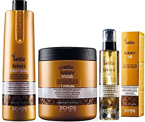 Generico SELIAR LUXURY TRATTAMENTO IDRATAZIONE INTENSA – Shampoo(1000ml) + Maschera(1000ml) + Luxury oil(100ml) Trattamento completo idratazione intensa e istantanea per capelli secchi, opachi e disidratati