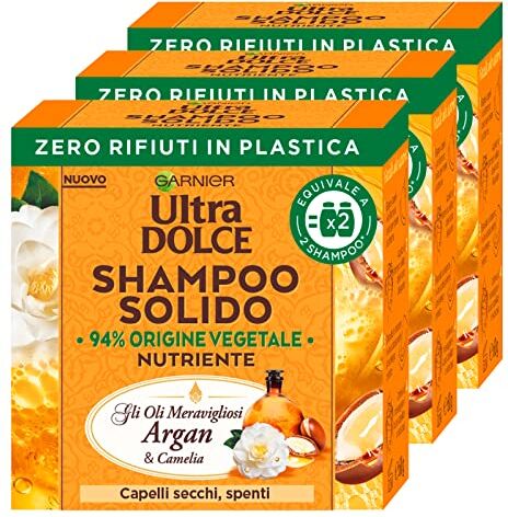 Garnier 3x  Ultra Dolce Shampoo Solido Nutriente Oli Meravigliosi Argan e Camelia con Ingredienti di Origine Naturale per Capelli Secchi e Spenti 3 Shampoo Solidi da 60g