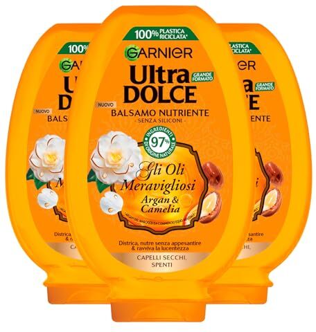 Garnier Ultra Dolce Balsamo Nutriente per Capelli Secchi e Spenti Gli Oli Meravigliosi Argan e Camelia Districante Ravvivante Illuminante con Ingredienti 97% di Origine Naturale 3 Flaconi da 360ml