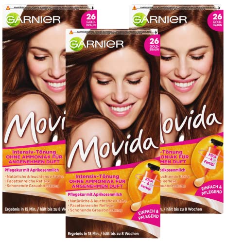 Garnier Movida Crema riflessante colorante per capelli, 26 castano dorato (per colori brillanti, anche per capelli bianchi, senza ammoniaca), confezione da 3 pezzi