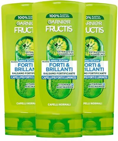 Garnier Fructis Forti e Brillanti Balsamo Fortificante Capelli Normali con Estratto di Pompelmo Vitamina B6 Niacinamide Capelli Forti e Luminosi 3 flaconi da 200 ml