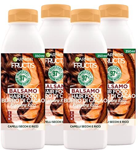 Garnier 4x  Fructis Hair Food Balsamo Rigenera Ricci con Burro di Cacao per Capelli Secchi 4 Flaconi da 350ml ognuno