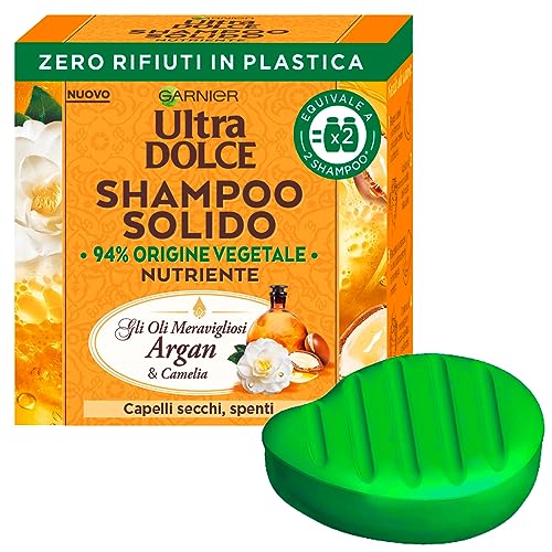 Garnier Ultra Dolce Shampoo Solido Nutriente con Oli Meravigliosi Argan e Camelia per Capelli Secchi e Spenti con Ingredienti 94% di Origine Vegetale Saponetta da 60g + Porta Shampoo