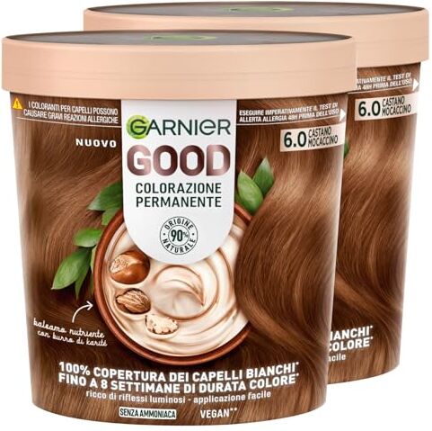 Garnier Good Tinta Colorazione Permanente Fino a 8 Settimane Colore Brillante e Luminoso Copre il 100% dei Capelli Bianchi Formula Vegana Senza Ammoniaca 6.0 Castano Mocaccino 2 Confezioni