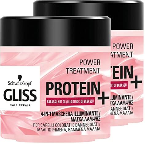 Schwarzkopf 2x  Gliss Hair Repair Power Treatment Protein+ Maschera Illuminante 4in1 Trattamento per Capelli Colorati e Danneggiati Formula Vegana 2 Barattoli da 400ml