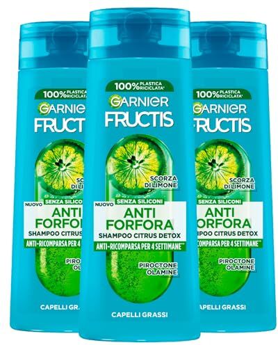 Garnier Fructis Shampoo Anti-Forfora Citrus Detox per Capelli Grassi Formula Vegana con Scorza di Limone Senza Siliconi Previene ed Elimina la Forfora 3 Flaconi da 250ml