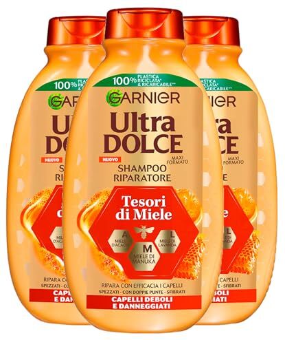 Garnier Ultra Dolce Shampoo Riparatore per Capelli Spezzati Sfibrati Deboli Danneggiati con Doppie Punte Tesori di Miele con Mieli di Manuka Acacia Lavanda 3 Flaconi da 400ml