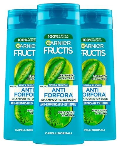 Garnier Fructis Shampoo Anti-Forfora Re-Oxygen per Capelli Normali Formula Vegana con Estratto di Tea Tree Senza Siliconi Previene ed Elimina la Forfora 3 Flaconi da 250ml