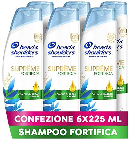 Head Shampoo Antiforfora Supreme Fortifica con Bambù Formato Convenienza X6 Pacchi, per Cute e Capelli Secchi, Protezione dalla Forfora, 225 Ml