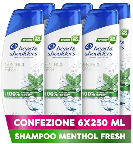 Head & Shoulders Shampoo Antiforfora Menthol Fresh 6X250ml Uso Quotidiano. Fino al 100% Protezione dalla Forfora. Clinicamente Testato. Tutti i Tipi di Cute e Capelli. Sensazione di Freschezza