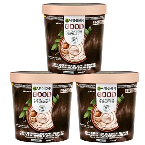 Garnier Good Tinta Colorazione Permanente Fino a 8 Settimane Colore Brillante e Luminoso Copre il 100% dei Capelli Bianchi Formula Vegana Senza Ammoniaca 4.0 Castano Cioccolato 3 Confezioni