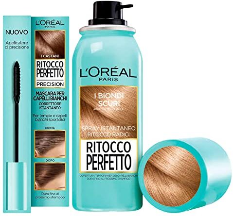 L'Oreal L'Oréal Paris Ritocco Perfetto Spray Istantaneo e Mascara con Scovolino di Precisione per Capelli Bianchi Copertura Temporanea Radici Fino a 25 Applicazioni Kit Biondi Scuri e Castani