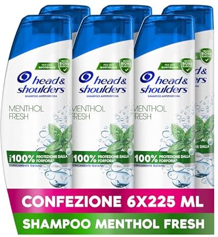 Head Shampoo Antiforfora Menthol Fresh, per Capelli Grassi, Fino Protezione dalla Forfora per Cute, Clinicamente Provato, 225ml x6