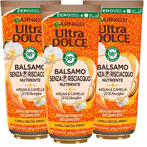 Garnier Ultra Dolce Balsamo Nutriente per Capelli Secchi e Spenti Formula Senza Risciacquo con Ingredienti 98% di Origine Naturale agli Oli Meravigliosi di Argan e Camelia 3 Flaconi da 200ml