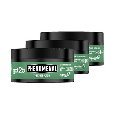got2b Schwarzkopf Phenomenal Texture Clay Halt 5 (3 x 100 ml), cera per capelli da uomo dona uno stile fenomenale opaco, adatto per capelli più corti, formula vegana got2b Schwarzkopf Phenomenal Texture Clay Halt 5 (3 x 100 ml), cera per capelli da uomo dona uno stile fenomenale opaco, adatto per capelli più corti, formula vegana