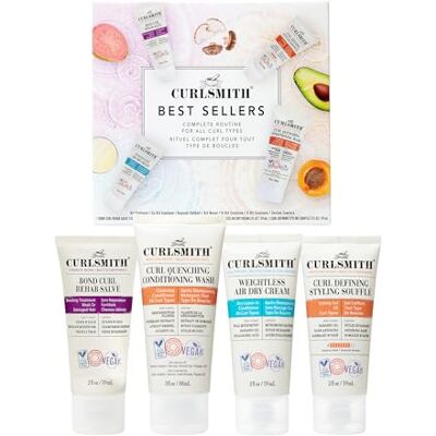 CURLSMITH Set da viaggio per tutti i tipi di ricci contiene forza, umidità e ricette del cuoio capelluto trattamento pre-shampoo, shampoo e balsamo, balsamo Leave-In e soufflé. CURLSMITH Set da viaggio per tutti i tipi di ricci contiene forza, umidità e ricette del cuoio capelluto trattamento pre-shampoo, shampoo e balsamo, balsamo Leave-In e soufflé.