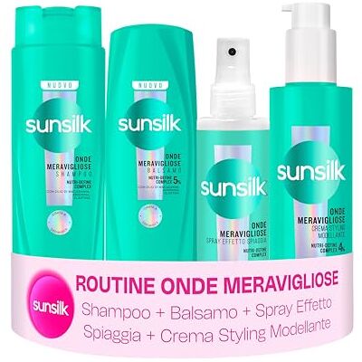 Sunsilk Kit Onde Meravigliose Shampoo 250ml, Balsamo 200ml, Crema Styling 200ml e Sea Salt Spray 150ml, Set Capelli Mossi, Effetto Anticrespo, Onde Morbide, Definite e Naturali Sunsilk Kit Onde Meravigliose Shampoo 250ml, Balsamo 200ml, Crema Styling 200ml e Sea Salt Spray 150ml, Set Capelli Mossi, Effetto Anticrespo, Onde Morbide, Definite e Naturali
