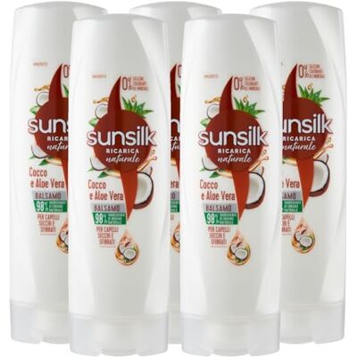 Sunsilk 5x Ricarica Naturale Balsamo Rinforzante con Cocco e Aloe Vera per Capelli Secchi e Sfibrati Nutre Senza Appesantire 5 Flaconi da 200 ml Sunsilk 5x Ricarica Naturale Balsamo Rinforzante con Cocco e Aloe Vera per Capelli Secchi e Sfibrati Nutre Senza Appesantire 5 Flaconi da 200 ml