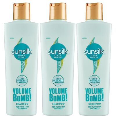 Sunsilk Volume Bomb Shampoo per Tutti i Tipi di Capelli Formula Super Fusion 24h con Acido Ialuronico e Arginina Azione Idratante Volumizzante 3 Flaconi da 220ml Sunsilk Volume Bomb Shampoo per Tutti i Tipi di Capelli Formula Super Fusion 24h con Acido Ialuronico e Arginina Azione Idratante Volumizzante 3 Flaconi da 220ml