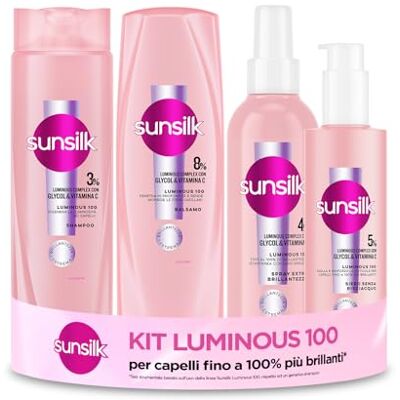 Sunsilk Kit Luminous 100, Set Cura Capelli, con Shampoo 250ml, Balsamo Capelli, Siero e Spray Extra Brillantezza 200ml, Complex con Glycol & Vitamina C, Luminosità Effetto Specchio Sunsilk Kit Luminous 100, Set Cura Capelli, con Shampoo 250ml, Balsamo Capelli, Siero e Spray Extra Brillantezza 200ml, Complex con Glycol & Vitamina C, Luminosità Effetto Specchio