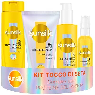 Sunsilk Kit Tocco di Seta Shampoo 250ml, Balsamo 180ml, Siero Senza Risciacquo 200ml e Siero di Seta Invisibile 75ml, Set Cura Capelli Morbidi e Setosi, con Proteine della Seta 100h di Morbidezza* Sunsilk Kit Tocco di Seta Shampoo 250ml, Balsamo 180ml, Siero Senza Risciacquo 200ml e Siero di Seta Invisibile 75ml, Set Cura Capelli Morbidi e Setosi, con Proteine della Seta 100h di Morbidezza*